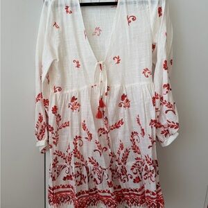 Zara cotton V-neck floral mini dress with red embroidery and tassel details